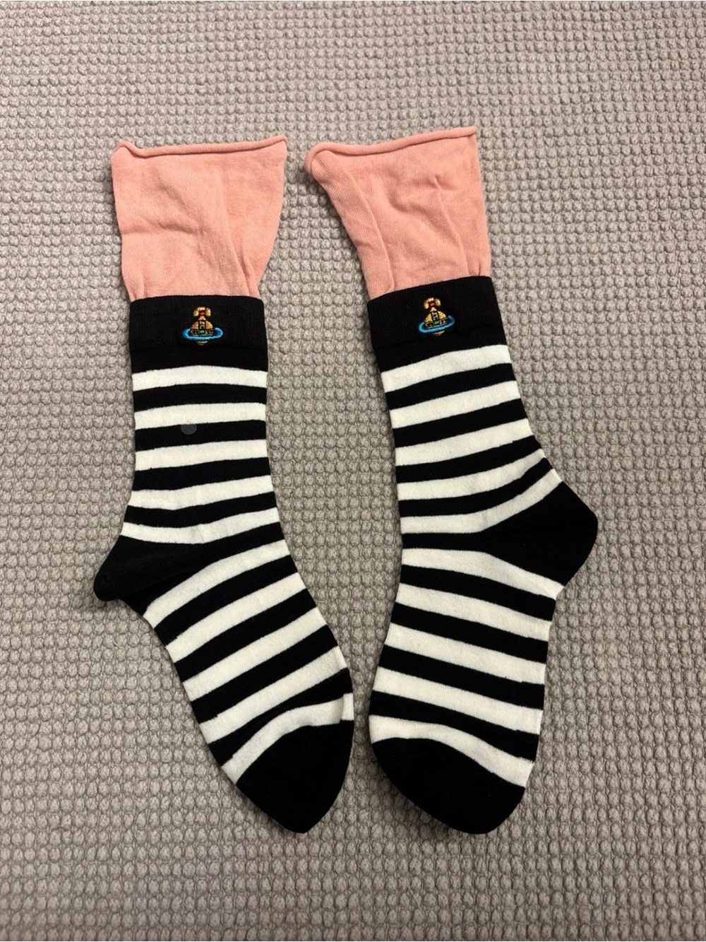Vivienne Westwood Men's Black & White Stripe Socks with Pink Cuff